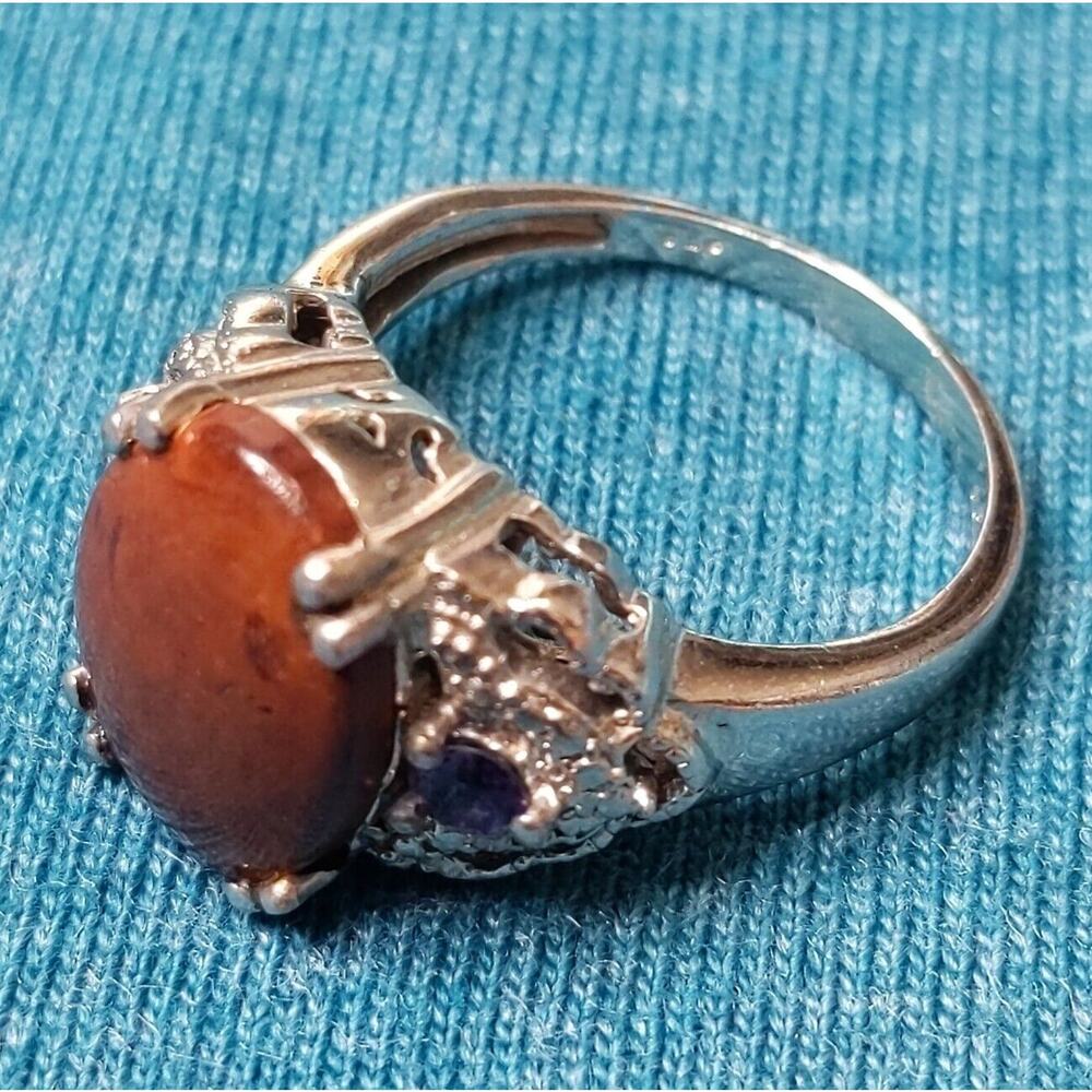 Vtg Sterling Signed STS Karis Natural Brown Gemstone with 2 Purple st Ring sz 7